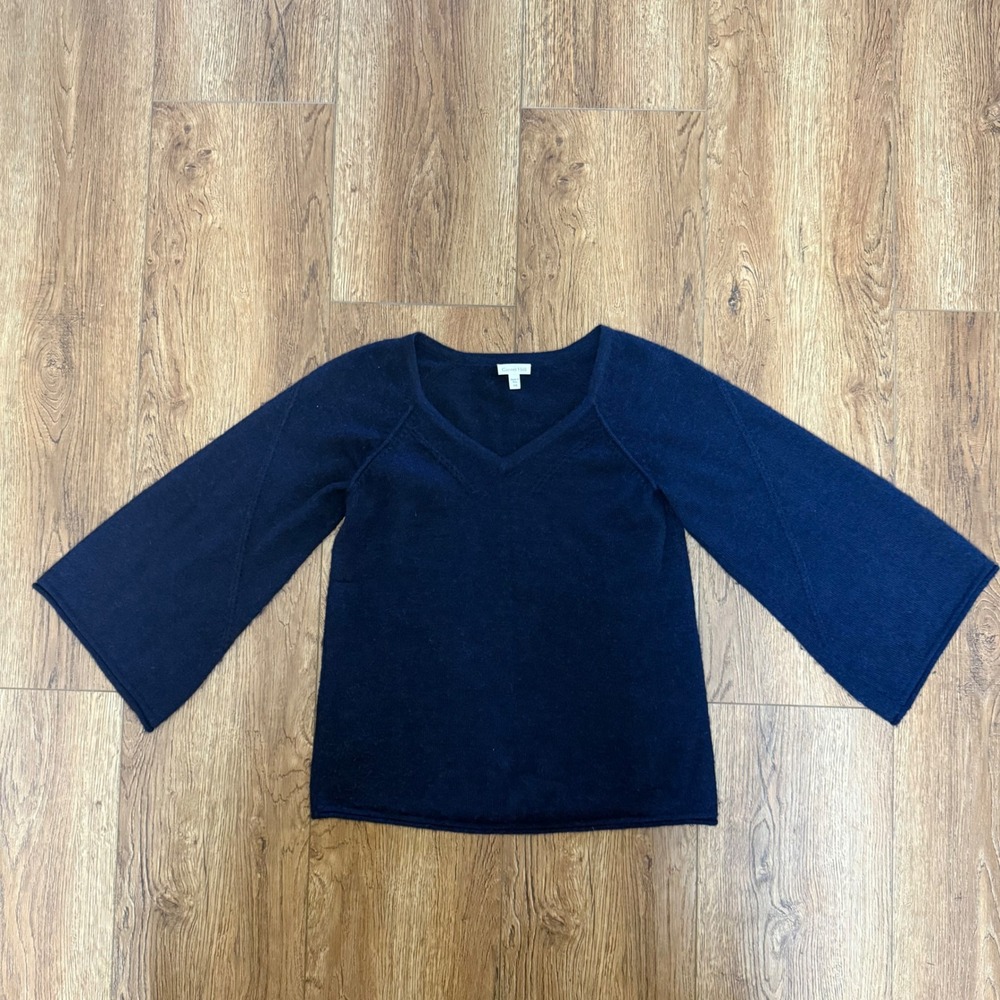 Garnet Hill Navy Blue 100% Baby Alpaca V-Neck Bell Sleeve Sweater Womens XS Peru